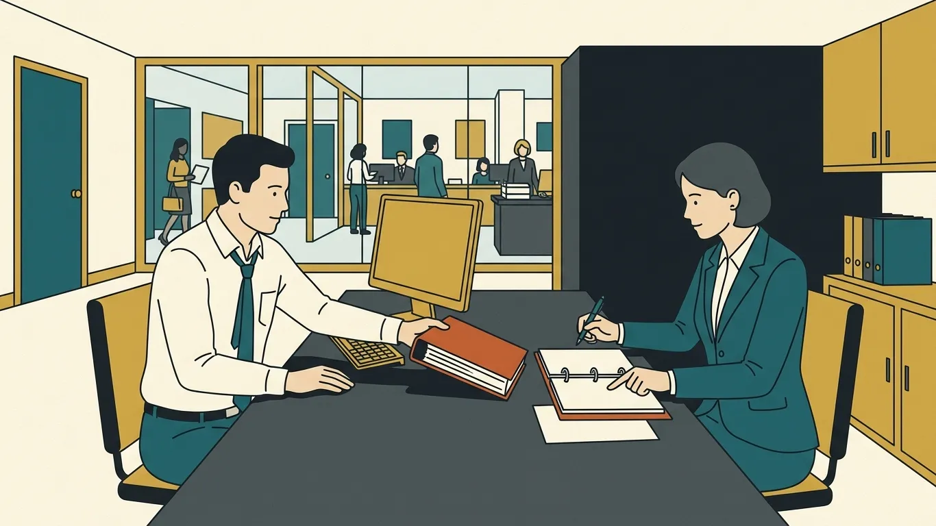 An operator shows a banker the list of his members across her desk