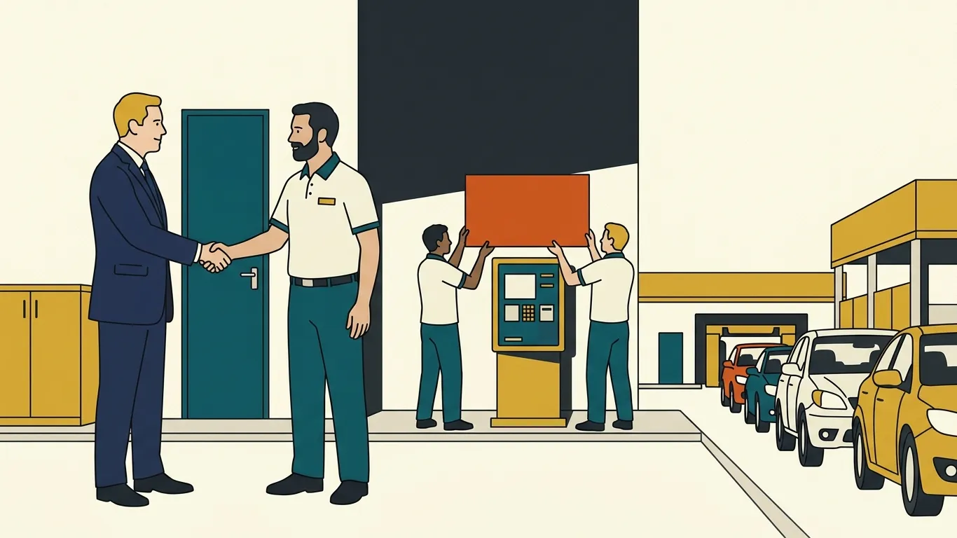 An executive shakes hands with a car wash site manager as staff put up a new sign