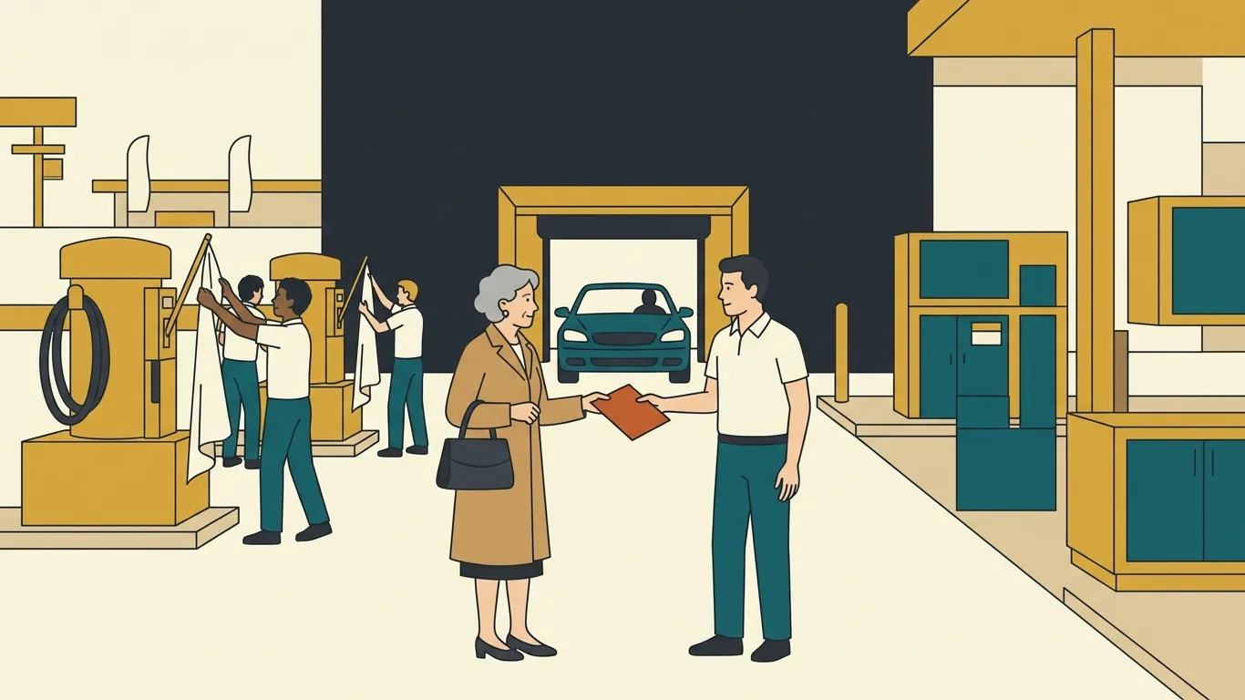 A landlord hands a copy of the lease to a new operator's manager on a car wash forecourt