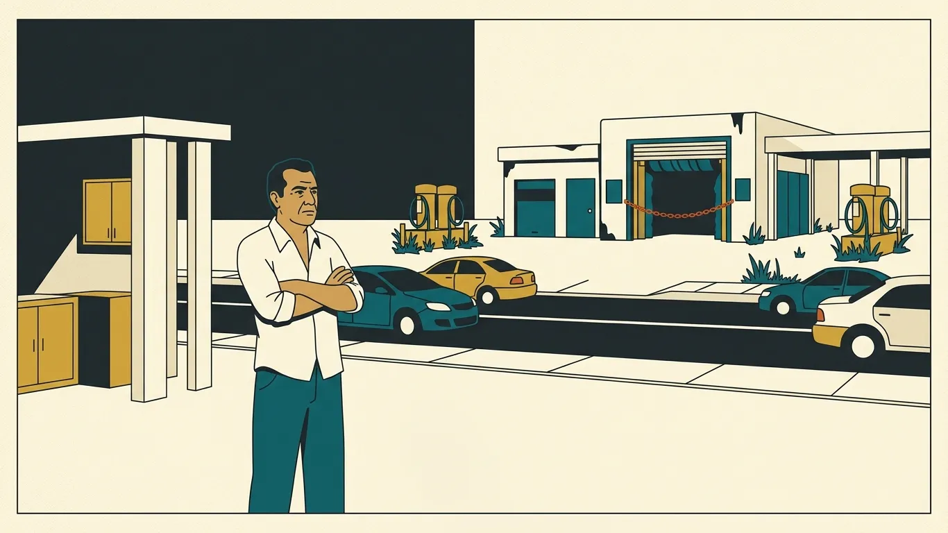 A car wash owner looks across the road at a rival car wash that has closed
