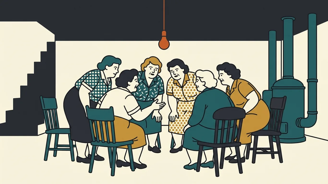 A group of women in 1960s dresses gather on folding chairs in an apartment building basement