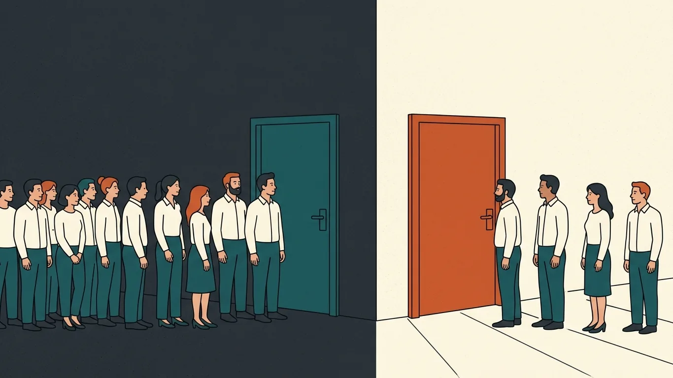 A long line of people waits at one door while a short line waits at a second, orange door