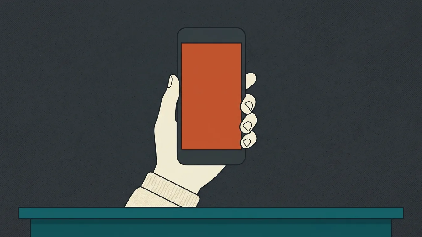 A hand holds up a phone with a blank orange screen against a dark background